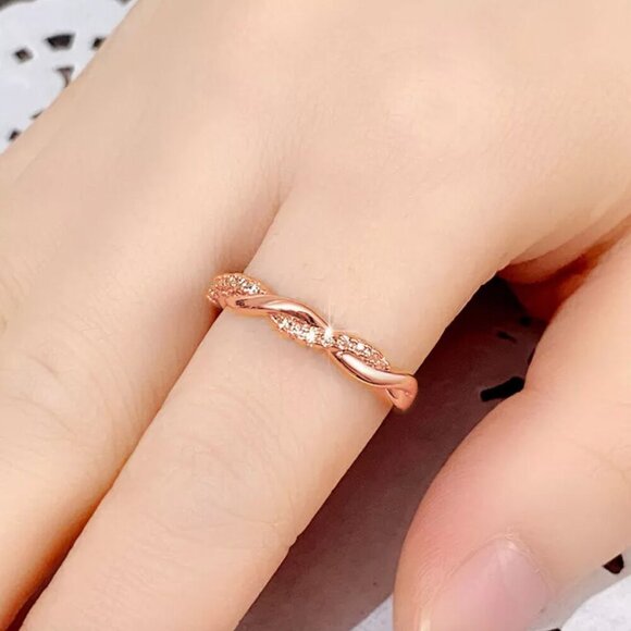 Delicate Twisted Diamond Wedding Band 14k/18k Solid Rose  NEW 18k Rose Gold Diamond Ring Band Dainty Ring Twist Band